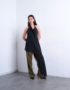 Cupro asymmetrical lace halter top in black