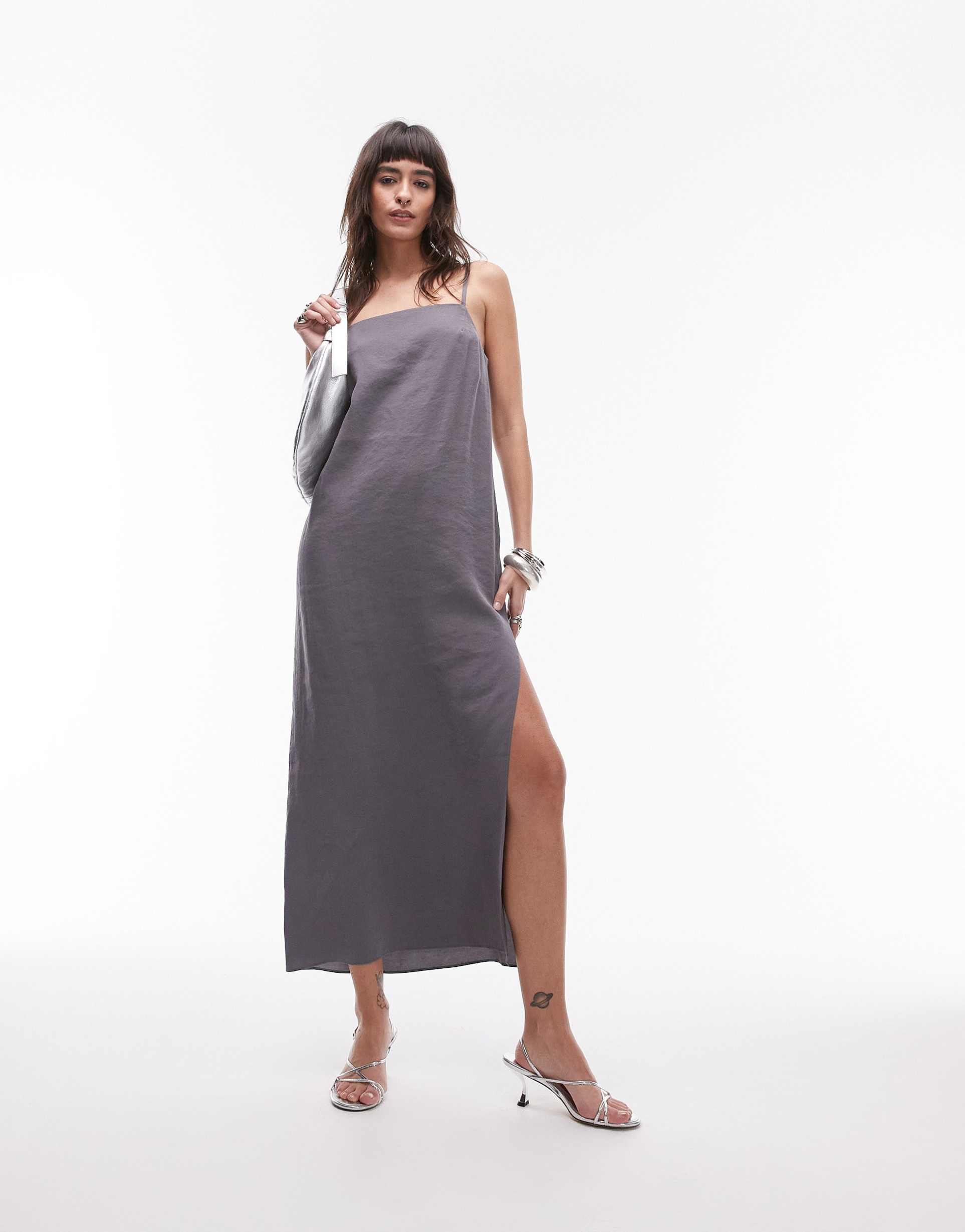 topshop cupro cami midi dress in gray