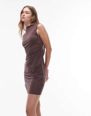 cupro cowl back mini dress in brown