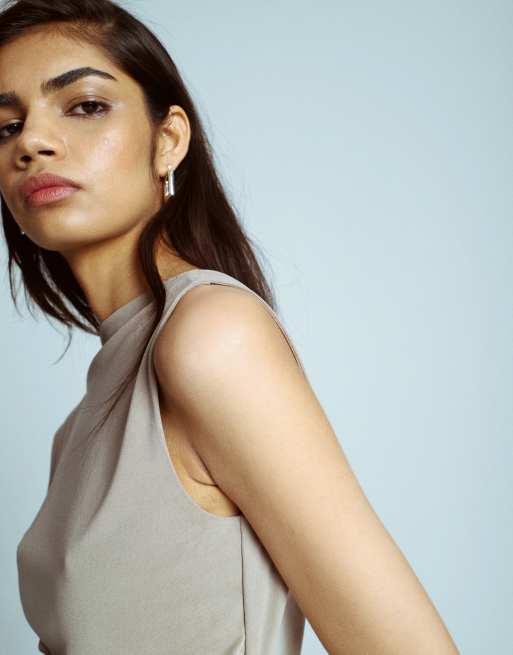 Topshop cupro cowl back tank top in taupe, 4 of 4