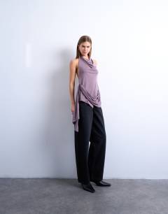 Model wearing Cupro draped halter top in fig