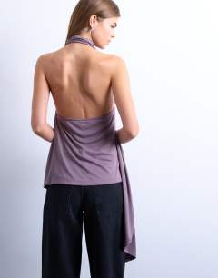 Model wearing Cupro draped halter top in fig