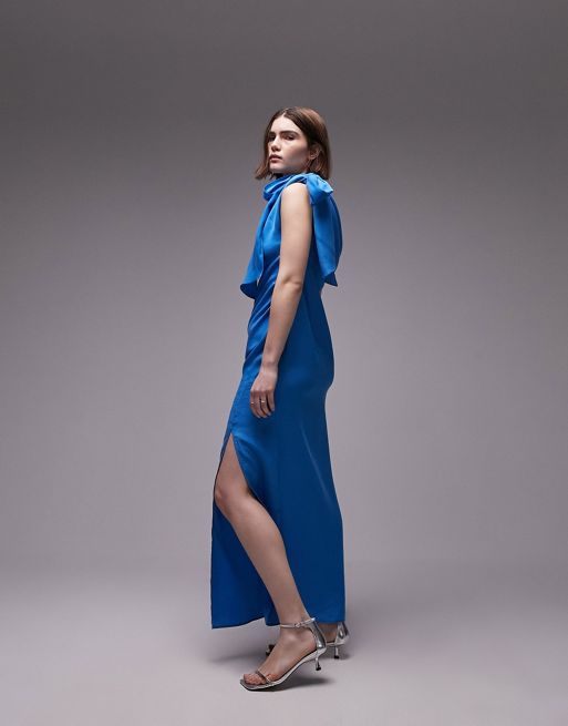 2024 wedding guest outfits - Topshop bright blue cupro maxi dress with bow shoulder detail.
