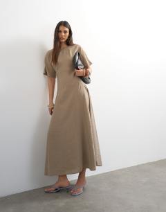 Cupro dropped waist maxi t-shirt dress in taupe