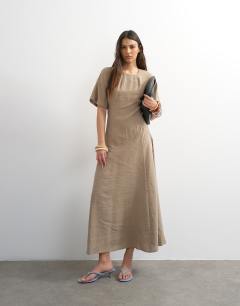 Model wearing Cupro dropped waist maxi t-shirt dress in taupe
