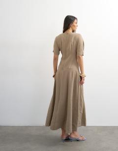 Model wearing Cupro dropped waist maxi t-shirt dress in taupe