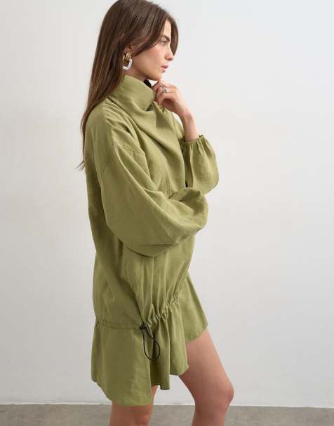 Topshop cupro funnel neck dropped waist long sleeve mini dress in khaki - view 1