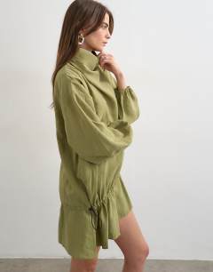 Cupro funnel neck dropped waist long sleeve mini dress in khaki