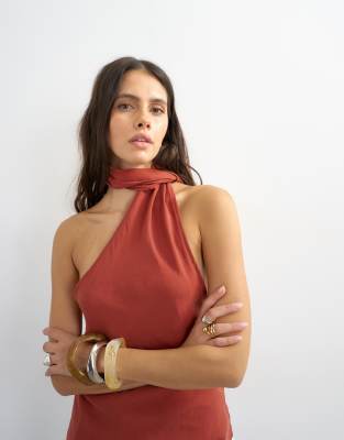 Topshop Cupro Halter Scarf Detail Top In Brown