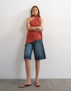 Cupro halter scarf detail top in rust