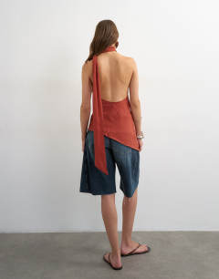 Model wearing Cupro halter scarf detail top in rust