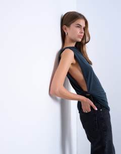 Cupro knot side sleeveless top in charcoal grey