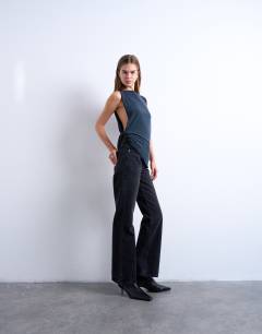 Model wearing Cupro knot side sleeveless top in charcoal grey