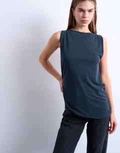 Model wearing Cupro knot side sleeveless top in charcoal grey