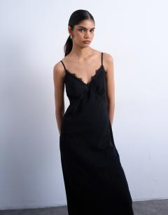 Model wearing Cupro lace trim midi slip dress in black