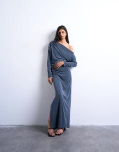 Model wearing Cupro long sleeve bardot twist detail top co-ord in charcoal grey
