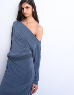 Model wearing Cupro long sleeve bardot twist detail top co-ord in charcoal grey