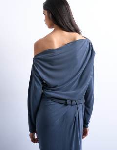 Model wearing Cupro long sleeve bardot twist detail top co-ord in charcoal grey