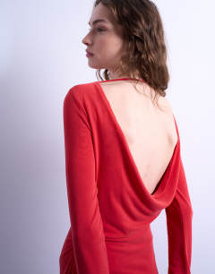 Model wearing Cupro long sleeve cowl back mini dress in red