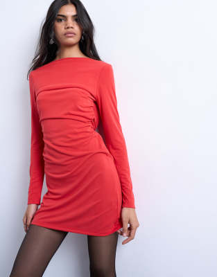 Cupro long sleeve cowl back mini dress in red | Topshop