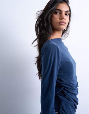 Topshop Cupro Long Sleeve Cowl Back Top In Blue