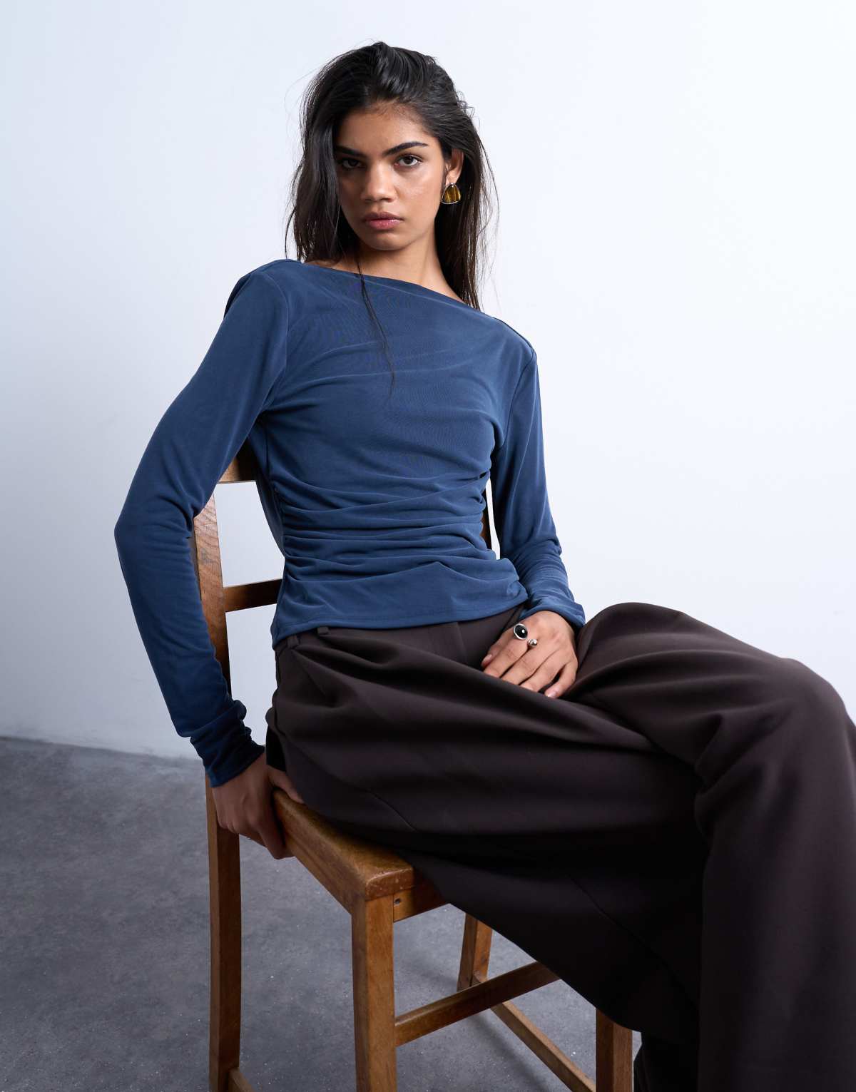 Topshop cupro long sleeve cowl back top in navy