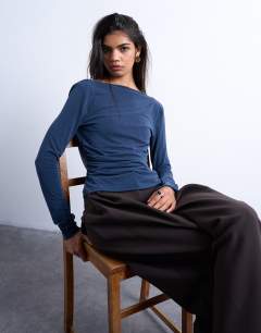 Cupro long sleeve cowl back top in navy