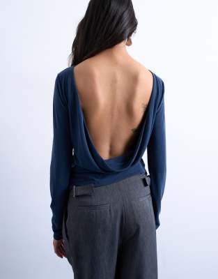 Topshop Cupro Long Sleeve Cowl Back Top In Blue