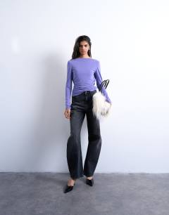 Model wearing Cupro long sleeve cowl back top in purple