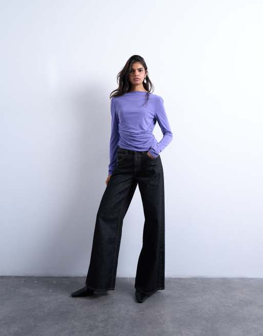 Topshop cupro long sleeve cowl back top in purple