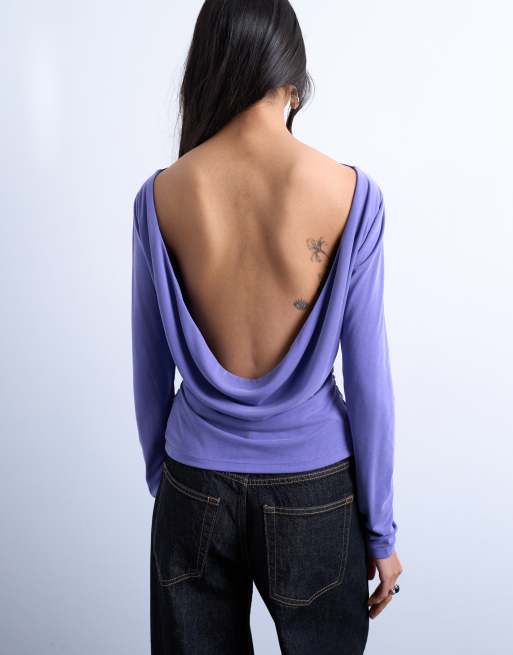 Topshop cupro long sleeve cowl back top in purple