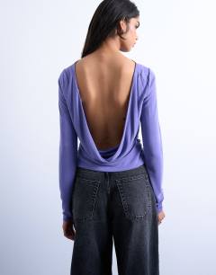 Model wearing Cupro long sleeve cowl back top in purple
