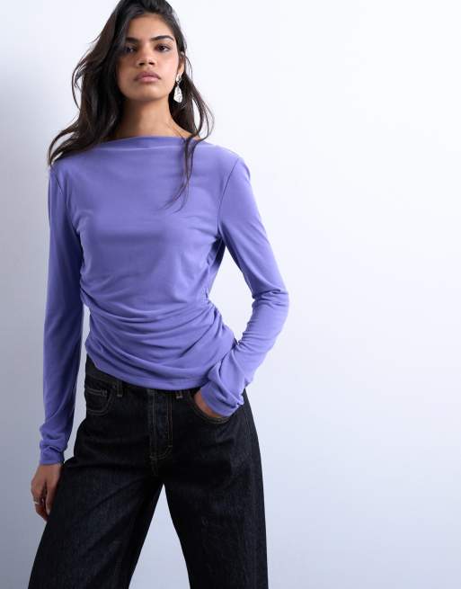 Topshop cupro long sleeve cowl back top in purple