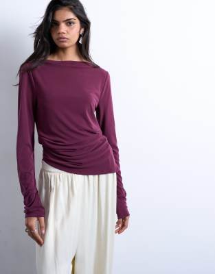 Topshop Cupro Long Sleeve Hitch Side Detail Top In Purple