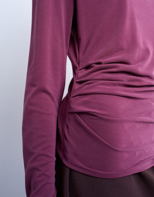 Topshop cupro long sleeve hitch side detail top in burgundy