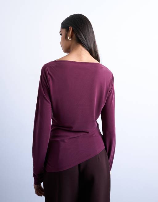 Topshop cupro long sleeve hitch side detail top in burgundy