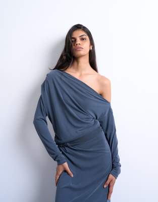 Topshop Cupro Long Sleeve Off The Shoulder Twist Detail Top In Blue