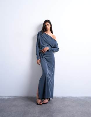 Topshop Cupro Long Sleeve Off The Shoulder Twist Detail Top In Blue