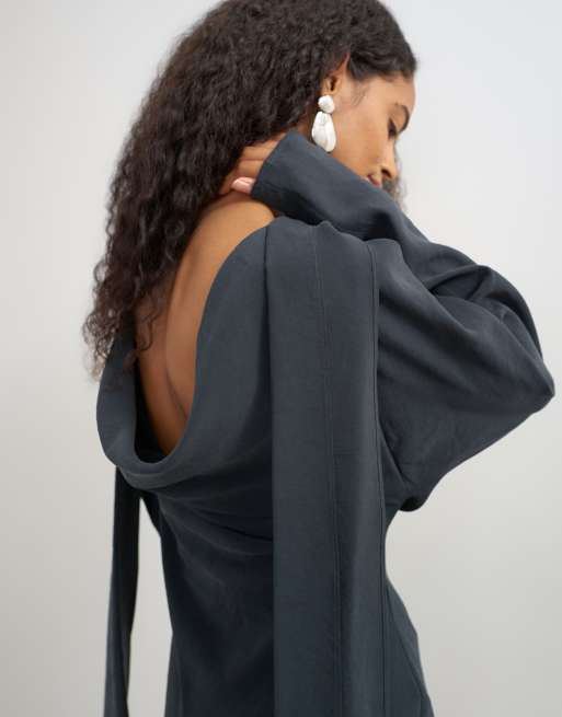 Topshop cupro long sleeve scarf neck cowl back mini dress in black, 2 of 4