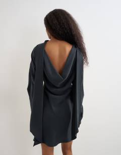 Model wearing Cupro long sleeve scarf neck cowl back mini dress in black
