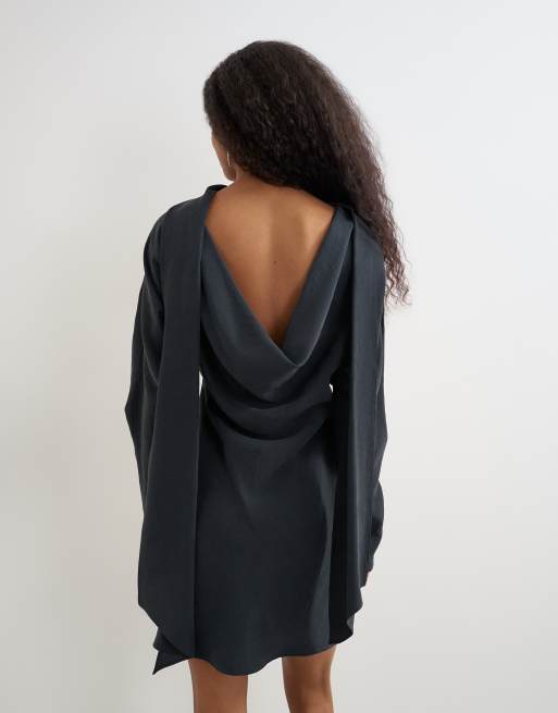 Topshop cupro long sleeve scarf neck cowl back mini dress in black, 4 of 4