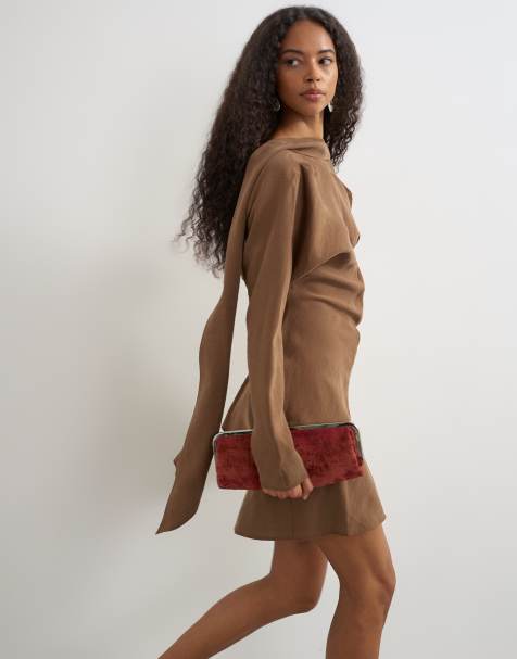 Topshop cupro long sleeve scarf neck cowl back mini dress in mocha - view 1