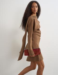 Cupro long sleeve scarf neck cowl back mini dress in mocha