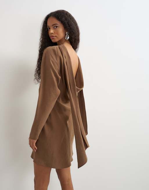 Topshop cupro long sleeve scarf neck cowl back mini dress in mocha, 2 of 4