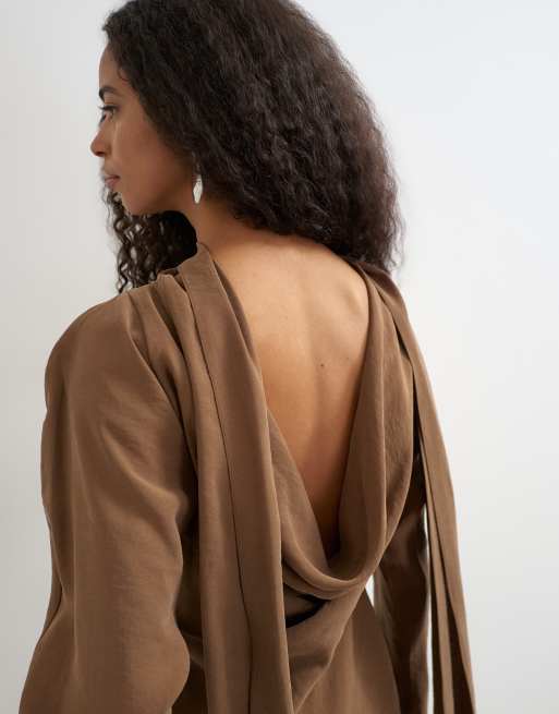 Topshop cupro long sleeve scarf neck cowl back mini dress in mocha, 3 of 4