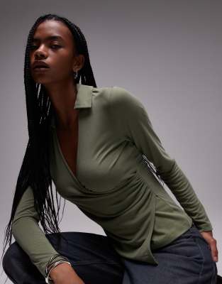 Topshop Cupro Long Sleeve Wrap Top In Green