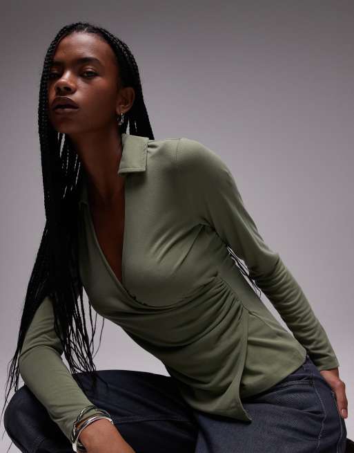 Topshop cupro long sleeve wrap top in green | ASOS