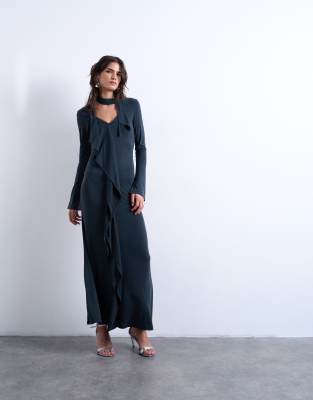 Topshop - Cupro-Maxikleid in Anthrazit mit Schaldetail und Rüschen-Grau