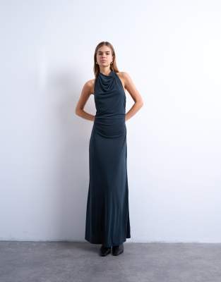 Topshop - Cupro-Maxikleid in Anthrazit mit tiefem Wasserfallausschnitt am Rücken-Grau