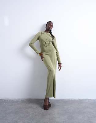 Topshop - Cupro-Maxikleid in Khaki mit Wickeldetail-Grün